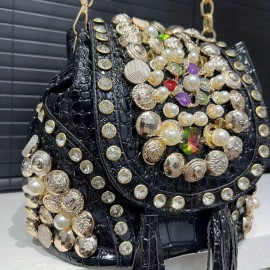 Women's Elegant Alligator-Print  Handbag/Purse - Detachable Strap & ic Closure, / with Bead Accent - Luxury Wedding, Party, Gala Accessory ( Light Beige)